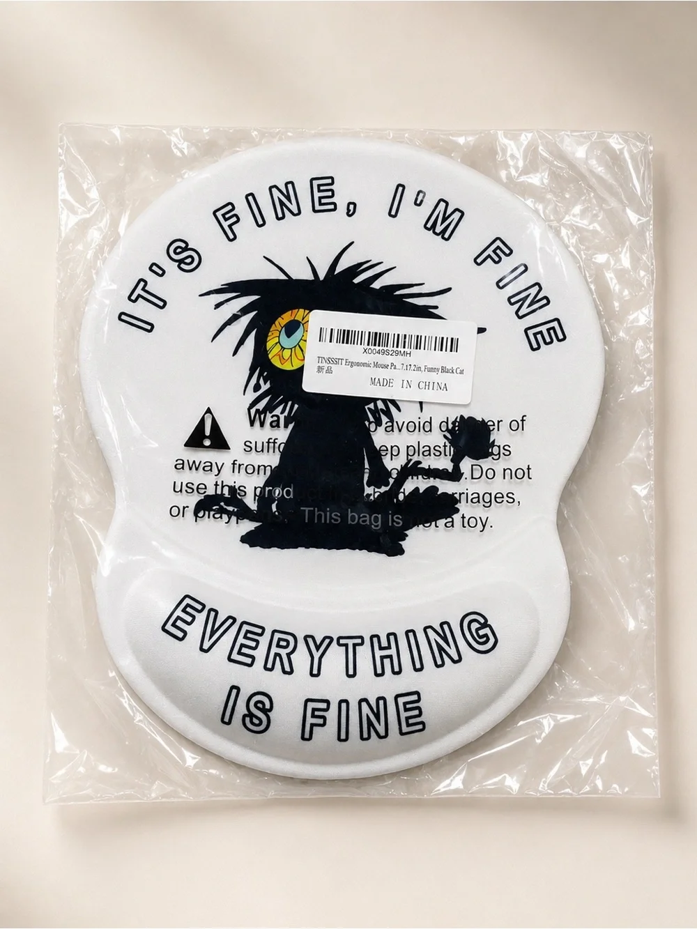 Funny Black Cat Ergonomic Mouse Pad Wrist Rest “Everything Is Fine” New